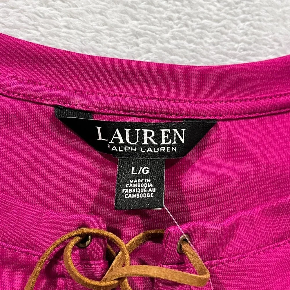 LAUREN Ralph Lauren Lace-Up Stretch Cotton Top Blouse Pink Sz Large NWT‎ Women's